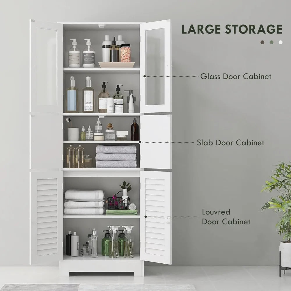 67 Inch Tall Freestanding Bathroom Cabinet with Glass and Louvered Doors for Storage and Adjustable Shelves