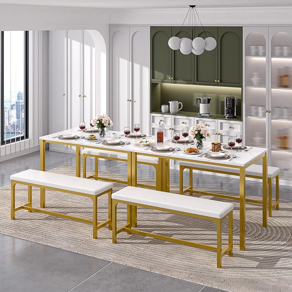 3-Piece 63" Extendable Kitchen Table with Benches/Chairs, Modern Breakfast Dinette/Dining Room Set for 4/6/2