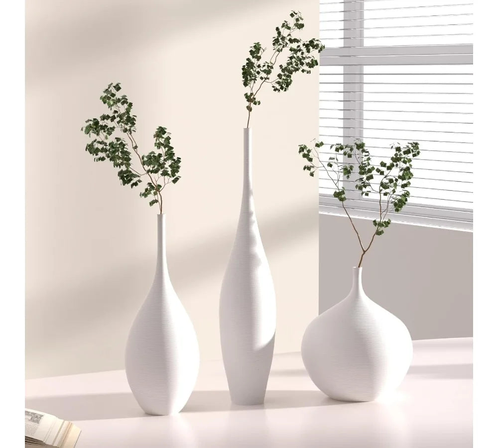 White Ceramic Vase Set of 3 Modern Boho Minimalist Home Decor Flower Vases for Living Room Table