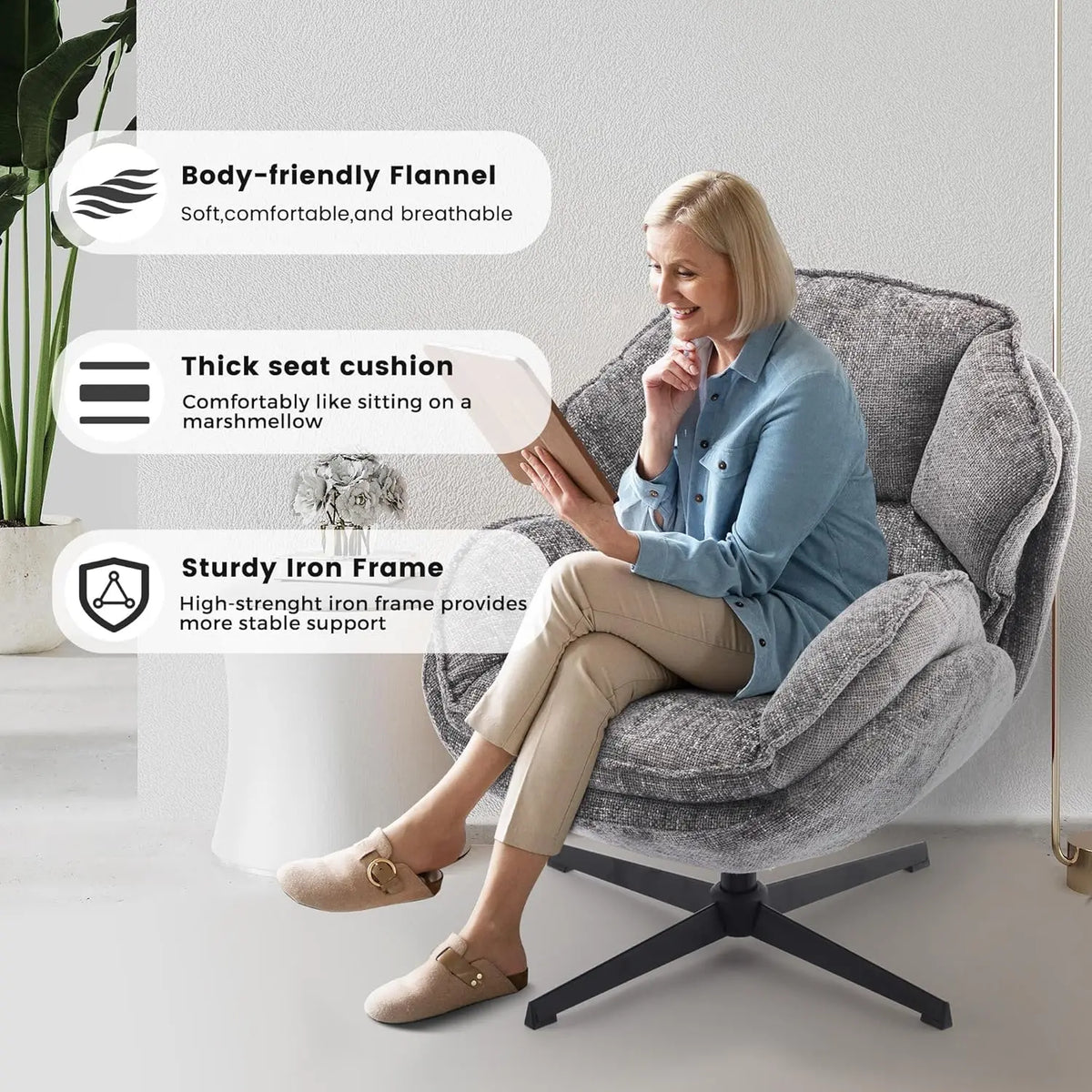 Swivel Accent Chair, Upholstered Armchair with Metal Legs, Gray