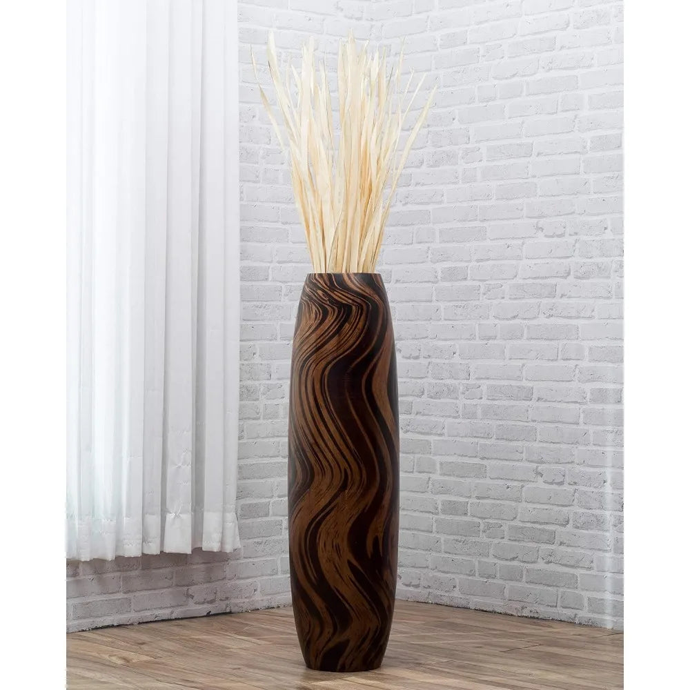 Large Brown Wooden Floor Vase - 34 Tall Decorative Holder for Artificial Plants and Pampas Grass