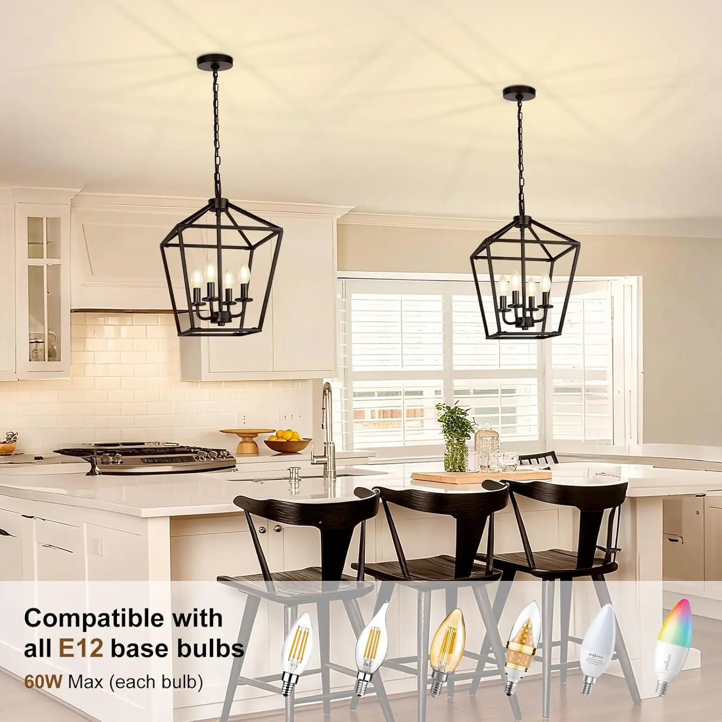 4 Light Chandelier, Industrial Ceiling Light Black Lantern Light Fixtures with Farmhouse Metal Cage Adjustable Height Rustic Geo