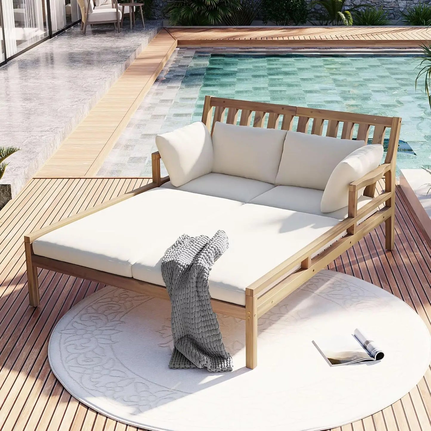 Outdoor Daybed Patio Daybed with Four Pillows Wooden Outdoor Bed with Curved Armrests for Poolside Backyard Garden (Gray+Beige C
