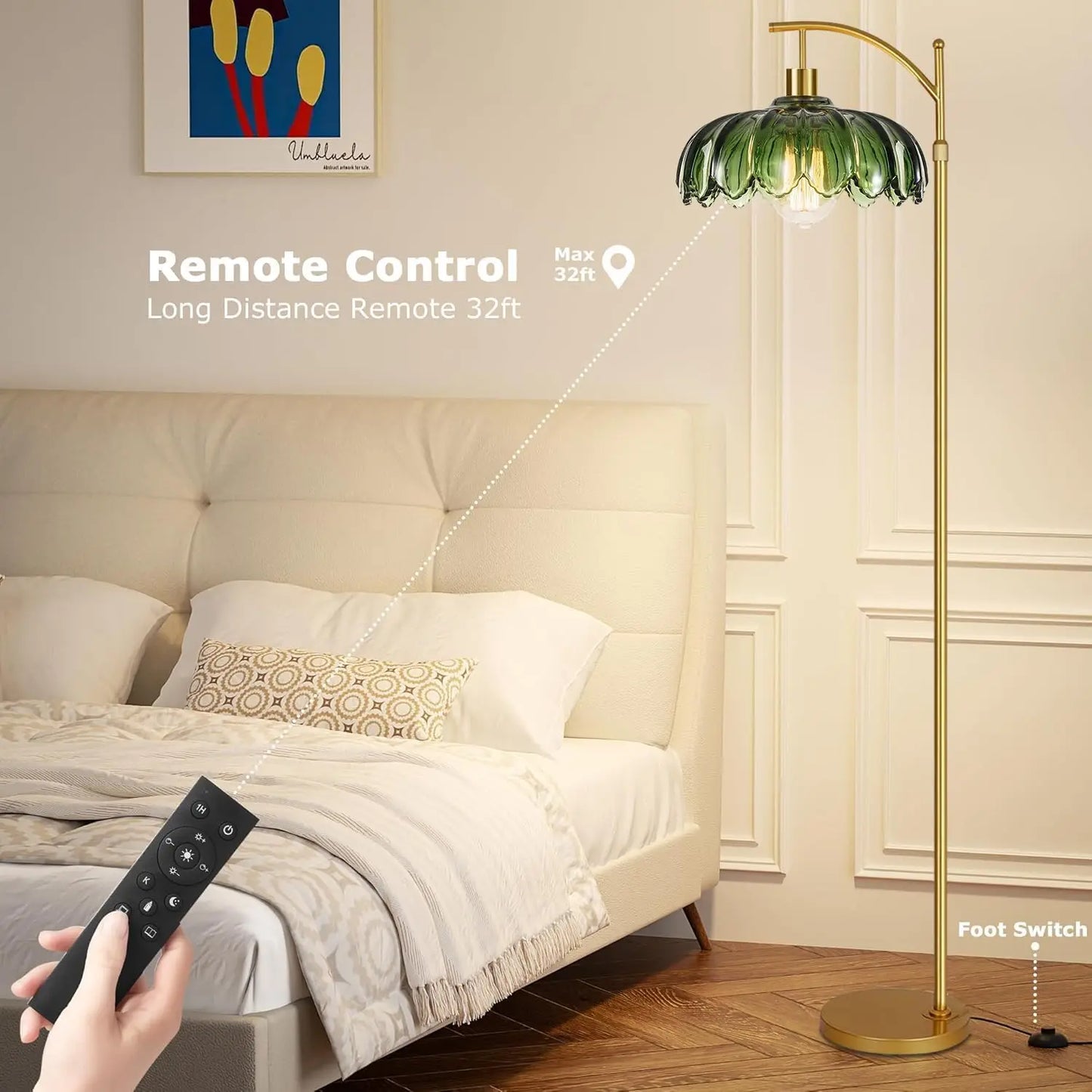 Mid Century Modern Glass Floor Lamp with Remote, Dimmable Gold Arc Light for Living Room, Bedroom, Vintage Retro Green Boho Styl