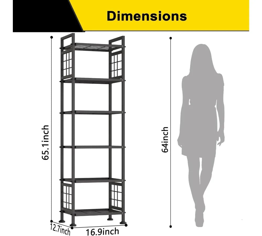 6-Tier Metal Storage Shelf for Bathroom & Kitchen Organization, Heavy-Duty Wire Rack with Adjustable Feet, Black
