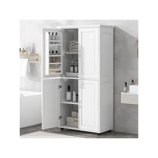 Tall and Wide Bathroom Floor Storage Cabinet, Bathroom Storage Unit, Freestanding Cabinet with 4 Doors, Adjustable Shelves, Whit