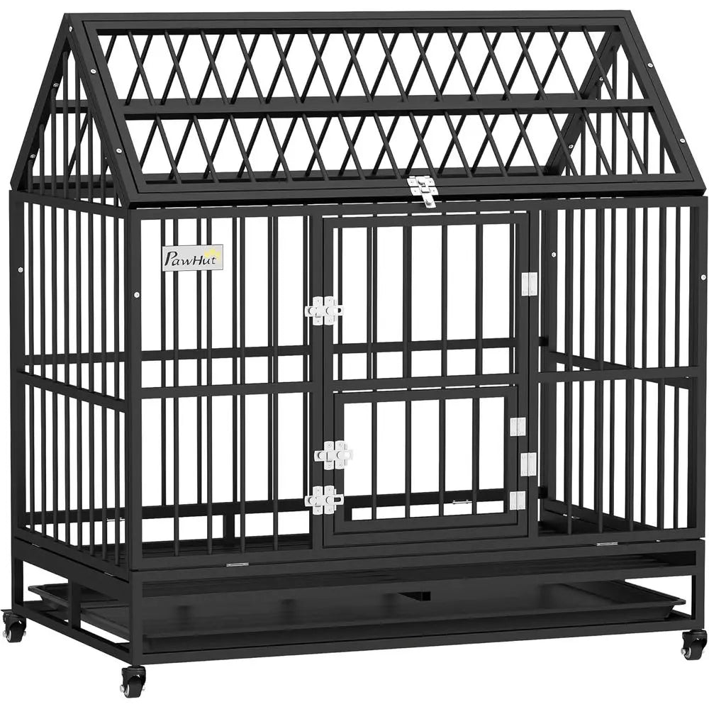 Sturdy Steel Dog Crate for Large Breeds with Wheels, Removable Tray, and Double Doors - Black