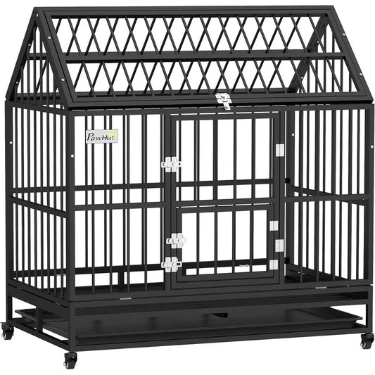 Sturdy Steel Dog Crate for Large Breeds with Wheels, Removable Tray, and Double Doors - Black