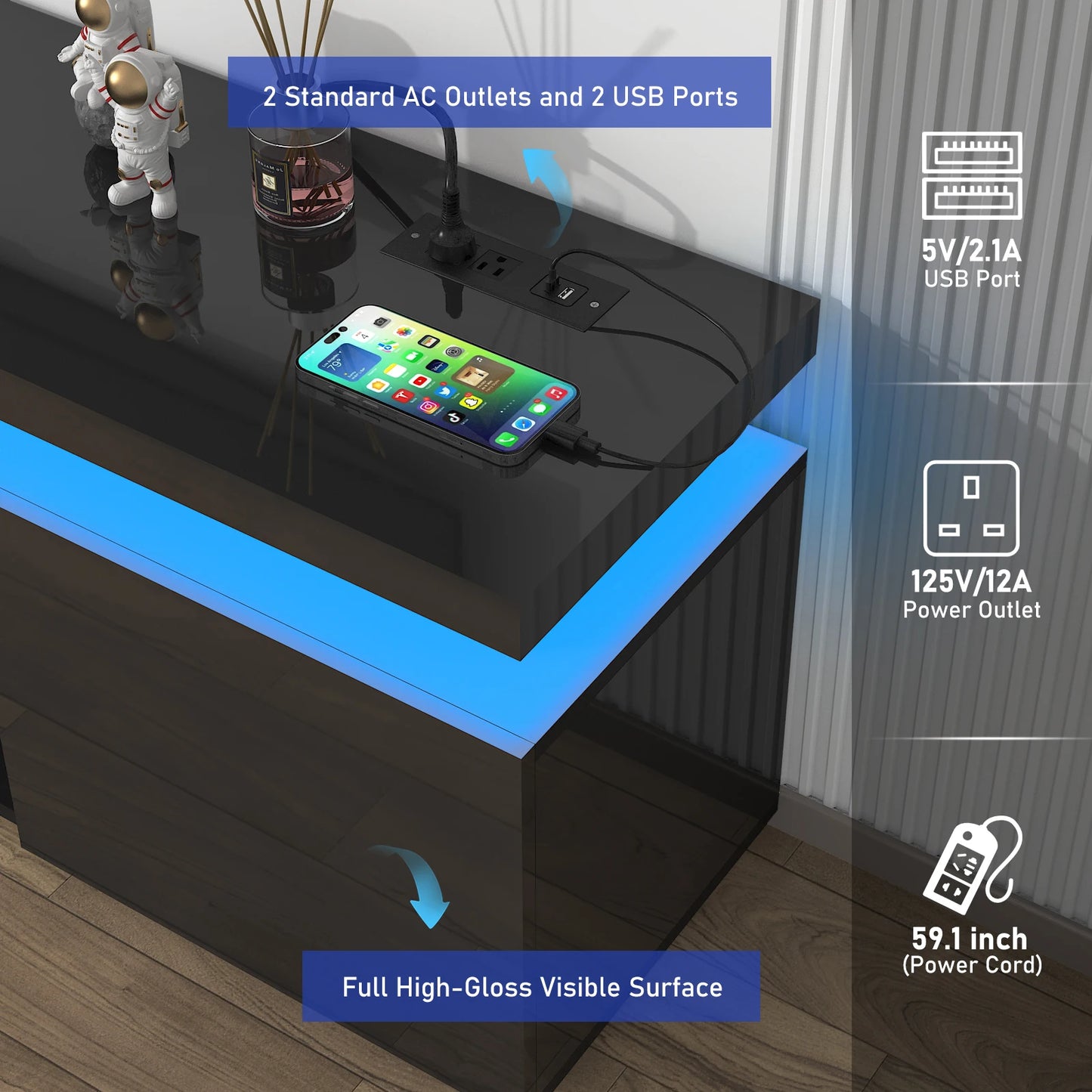 66 Inch LED TV Stand for 70/75 Inch TV, Modern Gaming TV Cabinet with Power Outlet, High Gloss Entertainment Center with Storage