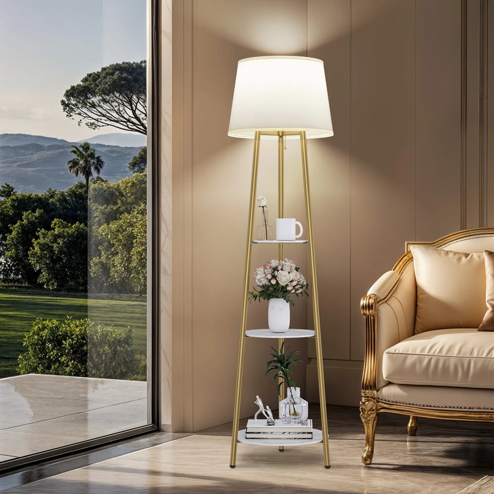 Floor lamp with shelf, modern corner display column bookshelf lamp, suitable for living room,  white marble and golden pillars