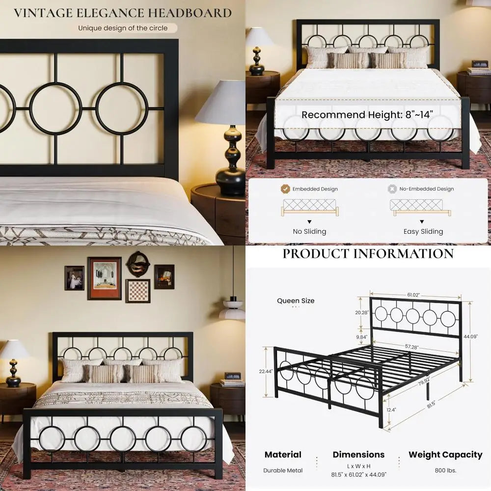Vintage-Style Queen Metal Bed Frame with Circular Headboard and Footboard, No Box Spring Needed, Easy Assembly, Black