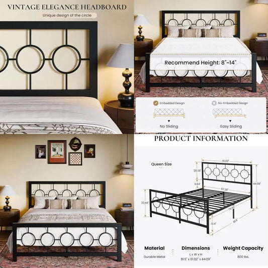Vintage-Style Queen Metal Bed Frame with Circular Headboard and Footboard, No Box Spring Needed, Easy Assembly, Black