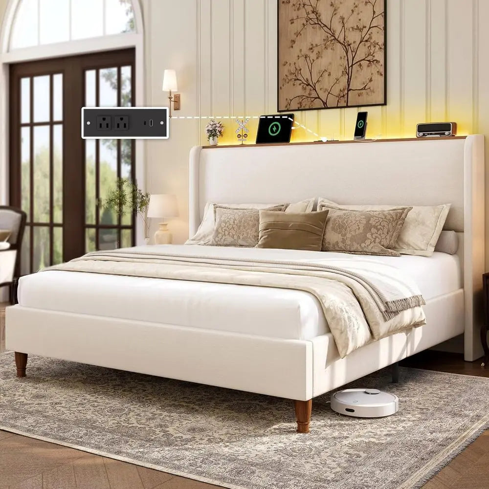 King Size Linen Bed Frame with LED Lights, Charging Station, and Storage Shelf - 51.2 Tall Wingback Headboard, No Box Spring Nee
