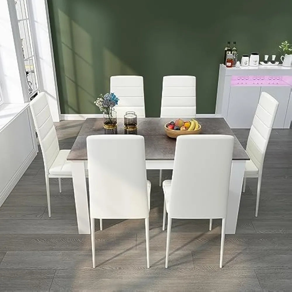 Dining Table and Chairs Set 6, 7 Pieces Kitchen Table Set with High Back Faux Leather Chair for Dining Room Kitchen Rectangular