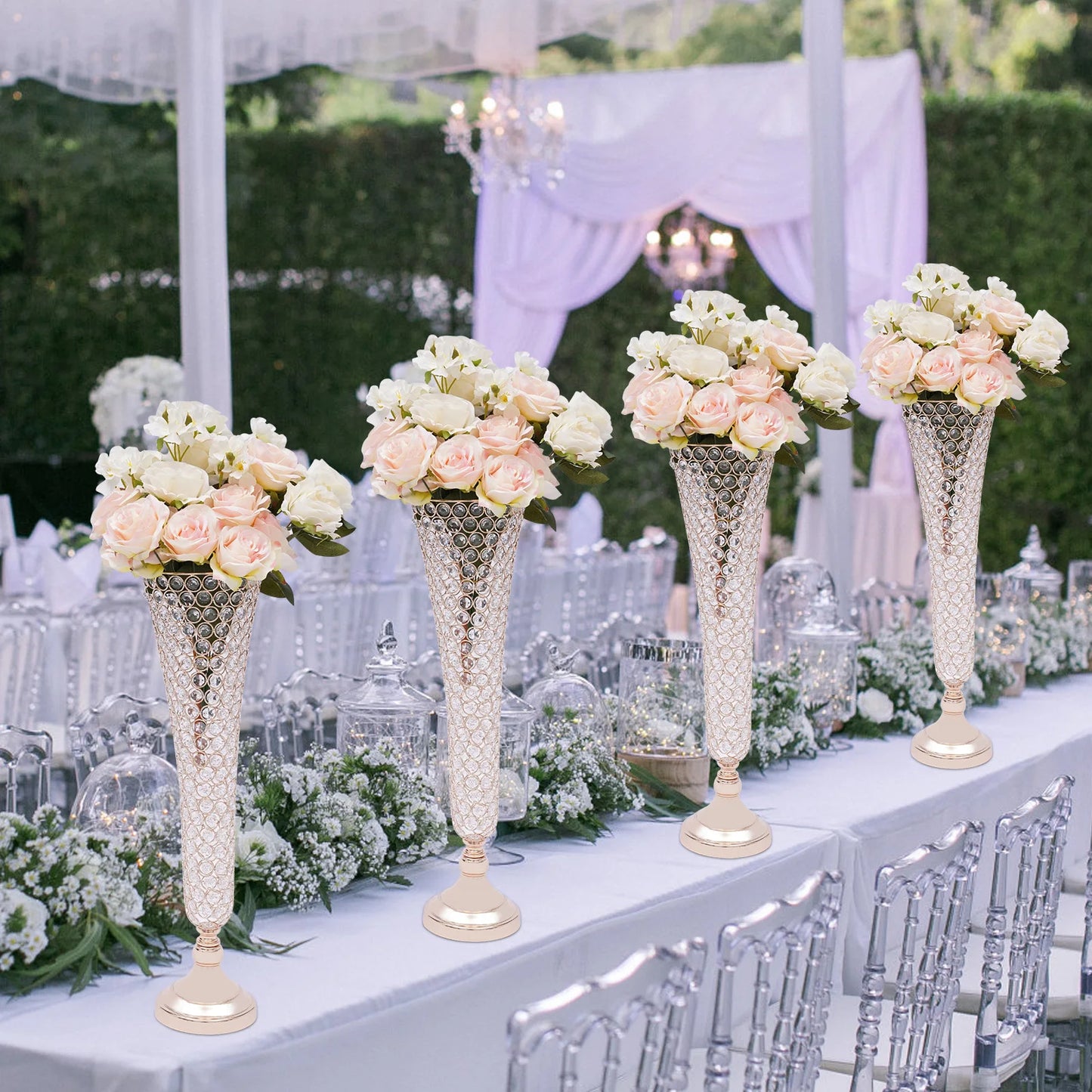 4 Pcs Elegant Gold Crystal Trumpet Floral Vase Set, Luxury Wide Mouth Vases with Sturdy Base for Home Bedroom Balcony Decor