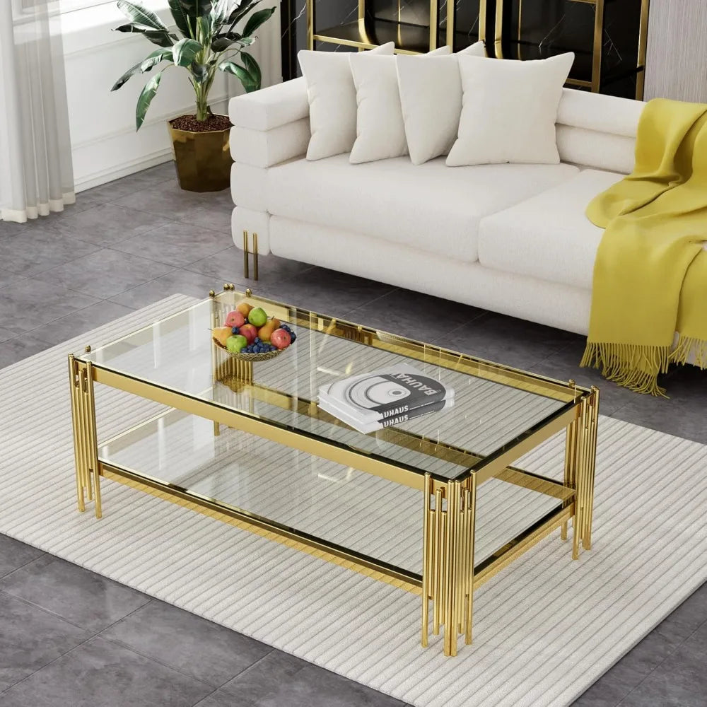 Modern Glass Coffee Table 47" Gold Center Table with Tempered Glass Top and Mirror Finish Stainless Steel Legs, Luxury Rectangu