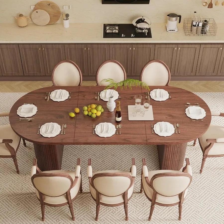 70.8 Inch Oval Dining Table for 48 People with Curved Fluted Wood Strip Base MidCentury Modern Design Kitchen and Living Room D
