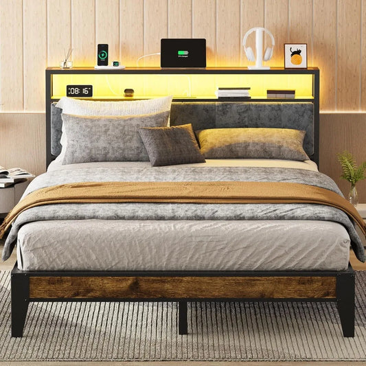 Metal Queen Bed Frame with 2-Tier Storage, LED Light Headboard, and Charging Station Type C