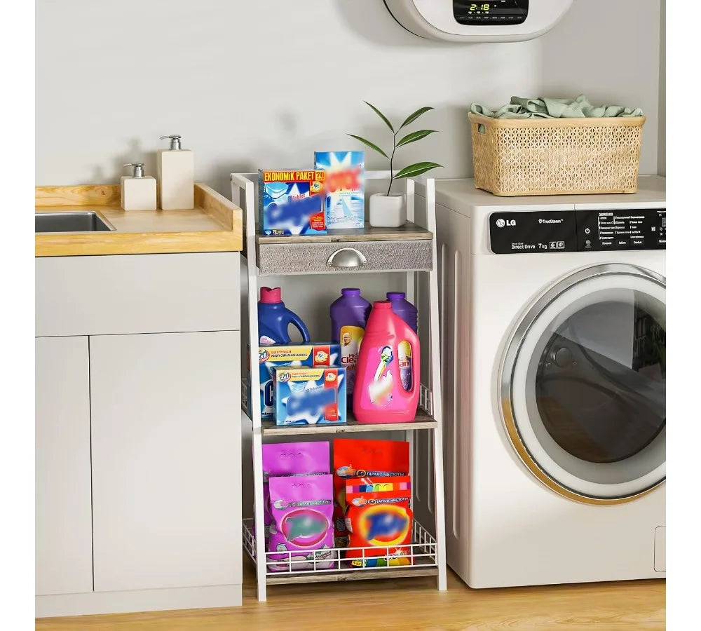 3-Tier Bathroom Shelf with Drawer, Freestanding Storage Rack for Small Spaces, White Modern Ladder Shelf for Living Room Bedroom