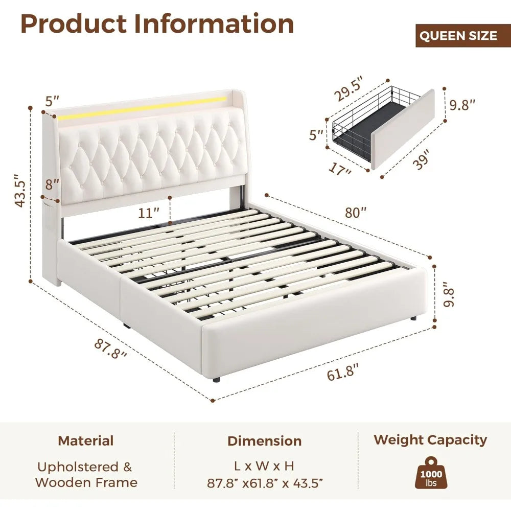 Velvet Upholstered Queen Bed Frame with Storage Drawers and Hidden Headboard, Platform Bed with Charging Station and Button Tuft