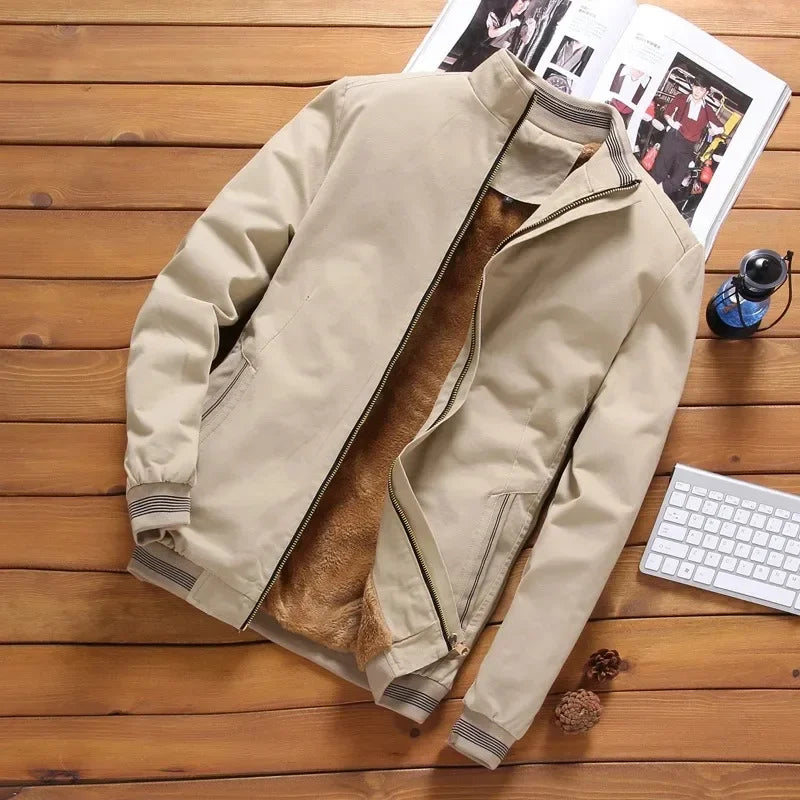 Autumn And Winter New Men's Fashion Aviator Jacket Fleece Thickened Warm Baseball Jacket Solid Color Zipper Large Size Top M-5XL