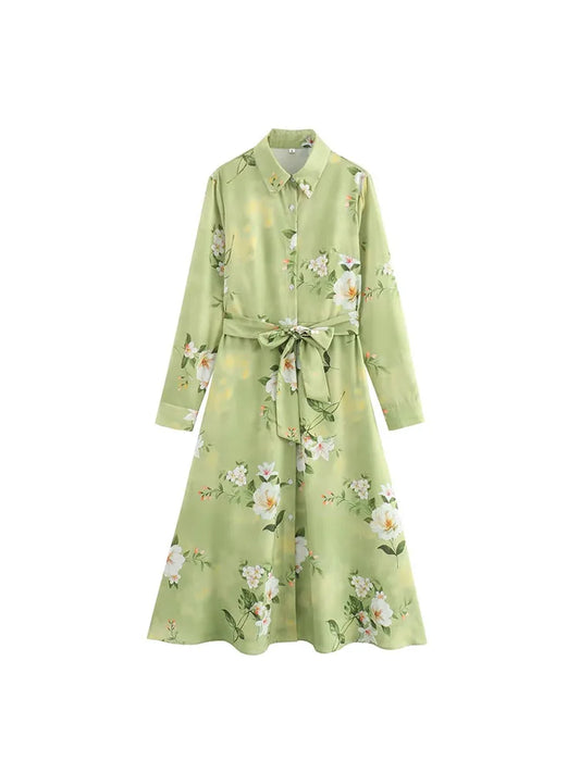 Women's clothing 2024 new fashion European and American style retro simple printed lapel single-breasted slim flower dress