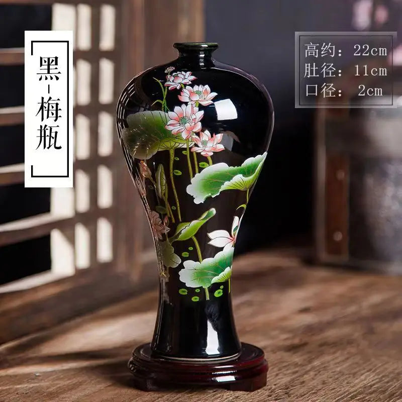 Exquisite Chinese Classical old hand painted Black porcelain lotus vase