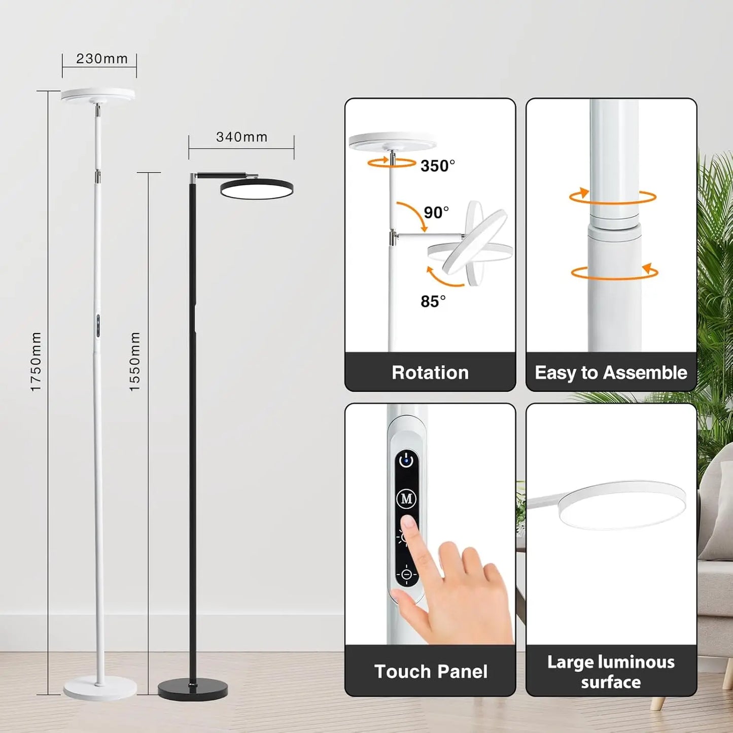 Tall LED Floor Lamp, 72'' Modern Touch Control Torchiere, Black Standing Lamp for Living Room, Bedroom, Office