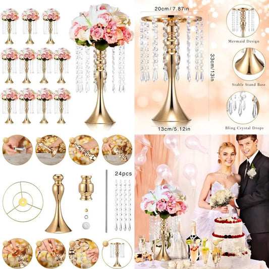 12-Pc Crystal Flower Stands, 13 Tall for Wedding Table Centerpieces, Floral Vase Arrangements