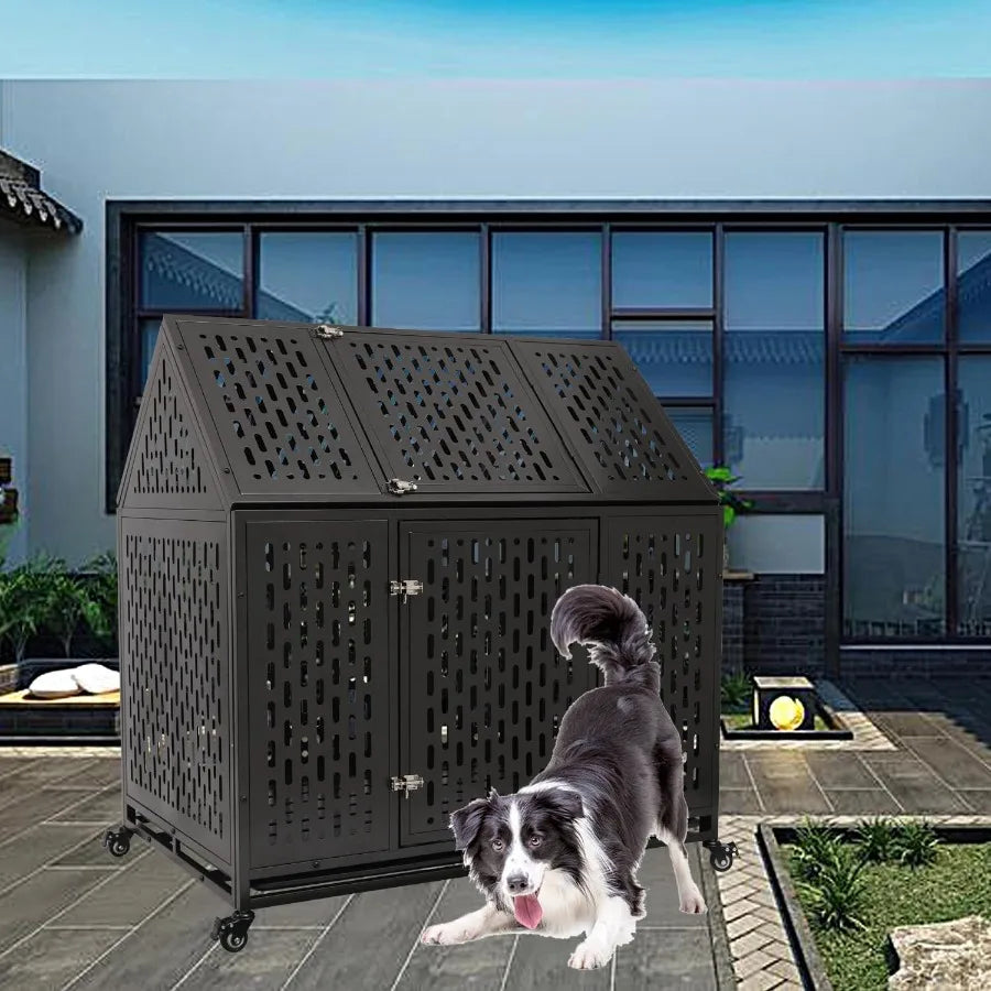 44'' Indestructible Heavy Duty Dog Crate Escape-Proof Kennel with Pointed Roof for High Anxiety Large Medium Dogs Steel Chewpro