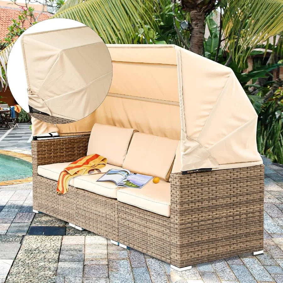 Outdoor Patio Wicker Daybed Furniture Set with Retractable Canopy Storable Side Table and Soft Cushions for Relaxing in Your Ba