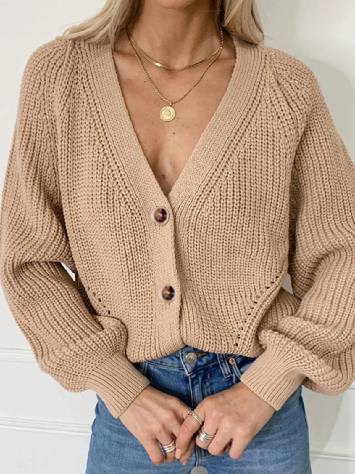 Grey Cardigan Sweater Women Cozy Soft Knit Button Up V-Neck Jumper Basic Knitwear Autumn Winter Outfit