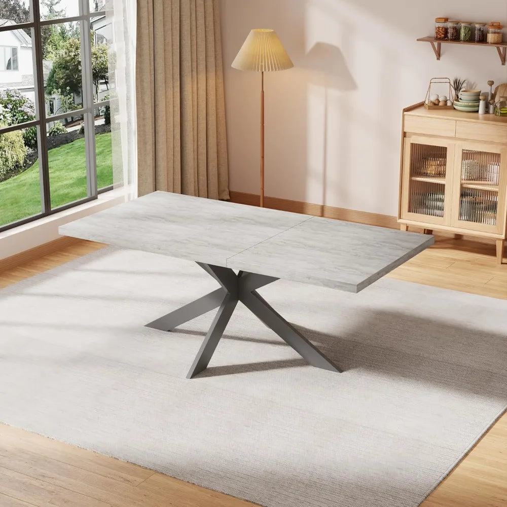 6-Piece Extendable Dining Table Set, Modern 63''–79'' Grey Wood Table with 6 Grey Fabric Chairs, Dining Room Table and  Chairs 6