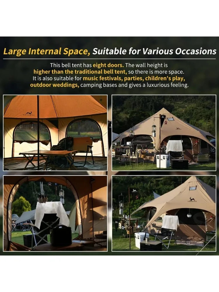 Canvas Tent Bell Tent 16.4ft*High9.2ft with Stove Jack for Glamping Family Camping Zipped Removable Floor