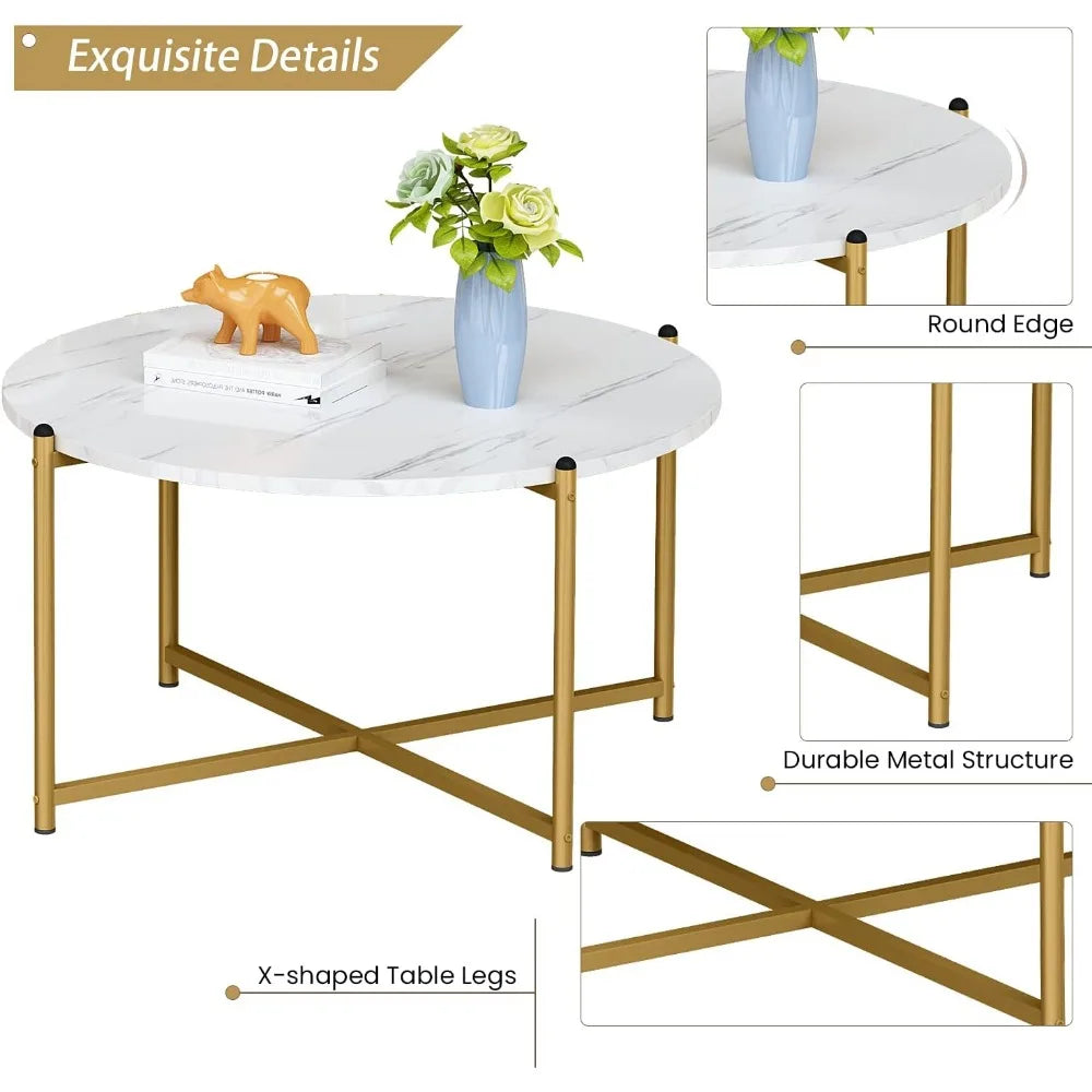 Living Room Coffee Table Set, Faux Marble Living Room Table Set of 3 Modern Round Center Table with Metal Legs, Round Coffee Ta