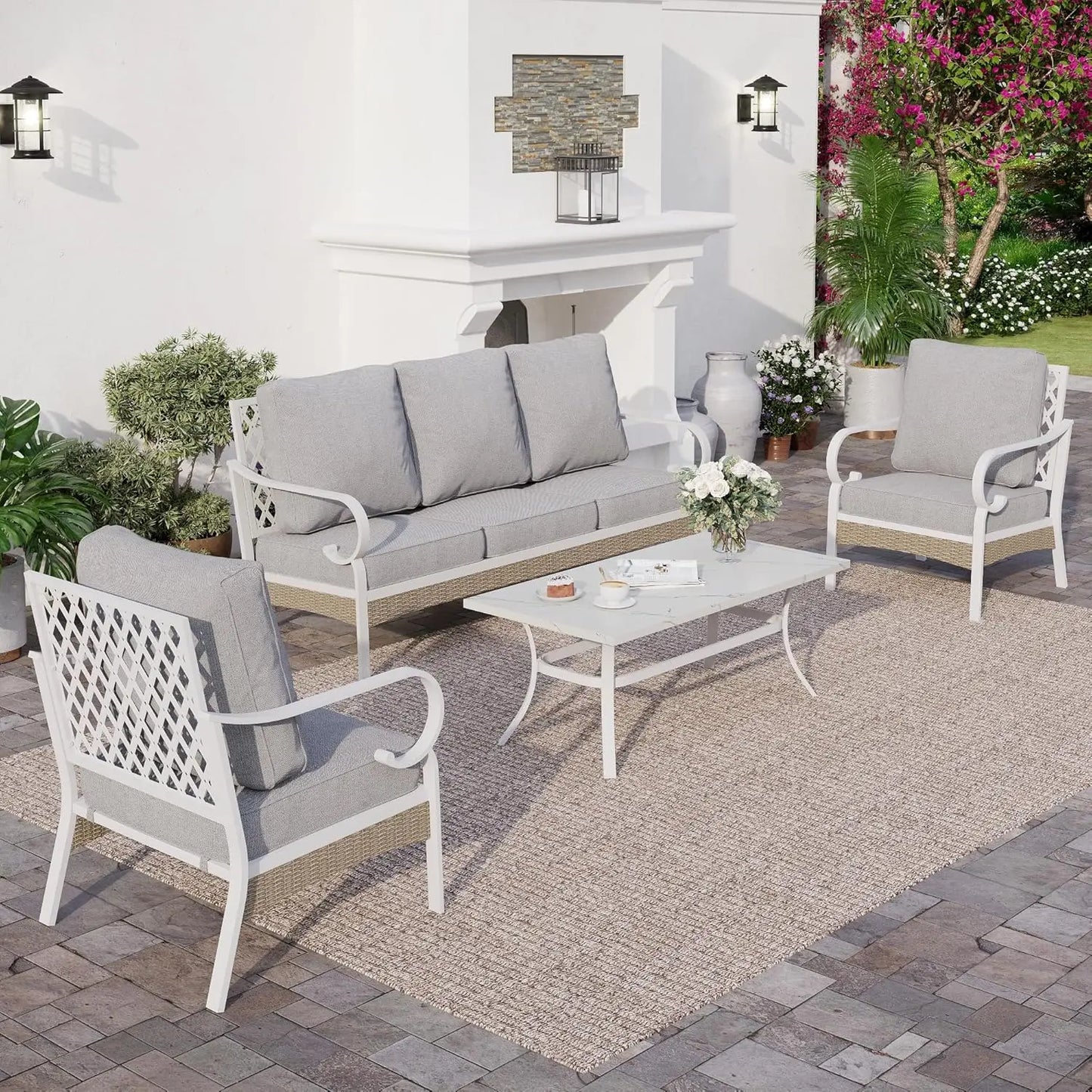 4 Piece Metal Outdoor Patio Furniture Set, Patio Conversation Sets 1 2-Seater Sofa, 2 Single Sofa with 5.75" Extra Thick Cushion