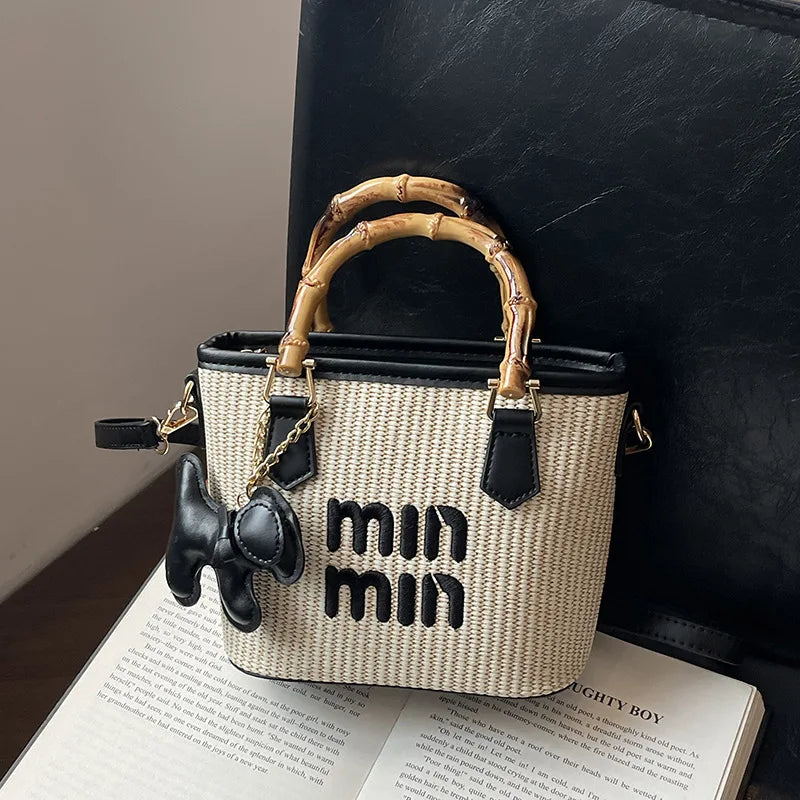 Women's Bag 2025 New Fashion Luxury Personality Versatile Trend Bucket Bag Straw Bamboo Tote Bag Shoulder Bag