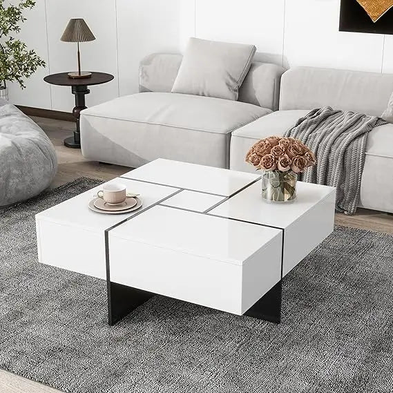 Coffee Table, Modern Extendable Coffee Table with 4 Hidden Storage Compartments, UV High-Gloss Square Center Cocktail Table wit
