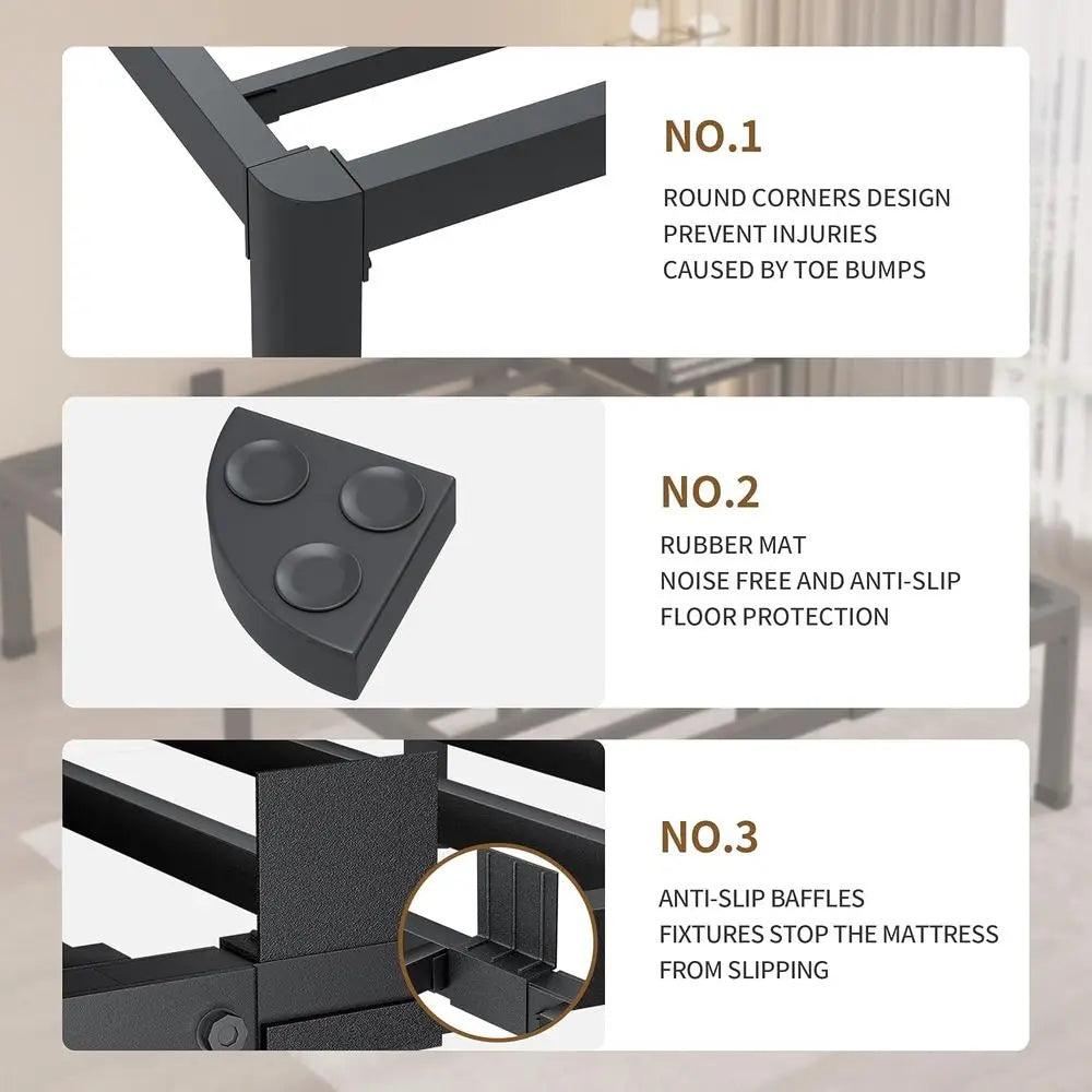 14 Queen Metal Bed Frame, Heavy Duty 3000 lbs Support, Round Corner Legs, No Box Spring, Easy Assembly
