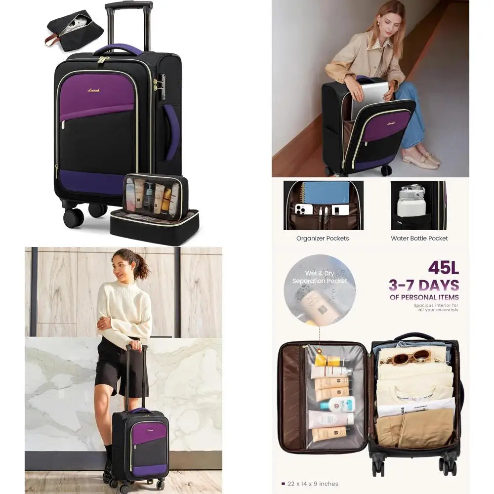 Airline Approved 20 Inch Softside Rolling Suitcase Set, 22x14x9 Inches, Carry-On Luggage with Wheels for Travel