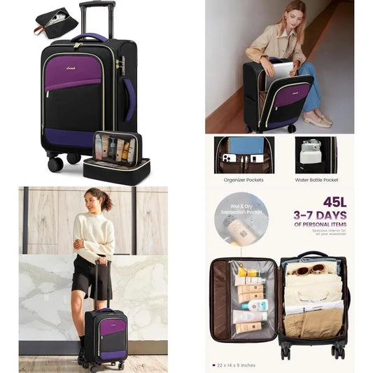 Airline Approved 20 Inch Softside Rolling Suitcase Set, 22x14x9 Inches, Carry-On Luggage with Wheels for Travel