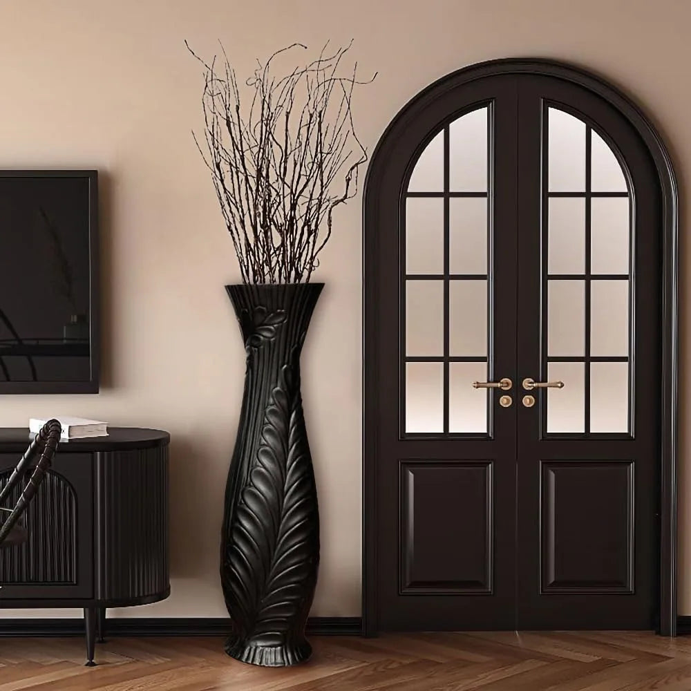Elegant Large Black Ceramic Floor Vase, 30 Tall, Handcrafted for Home Decor, Living Room, Feather Pattern, Wide Decorative Vase