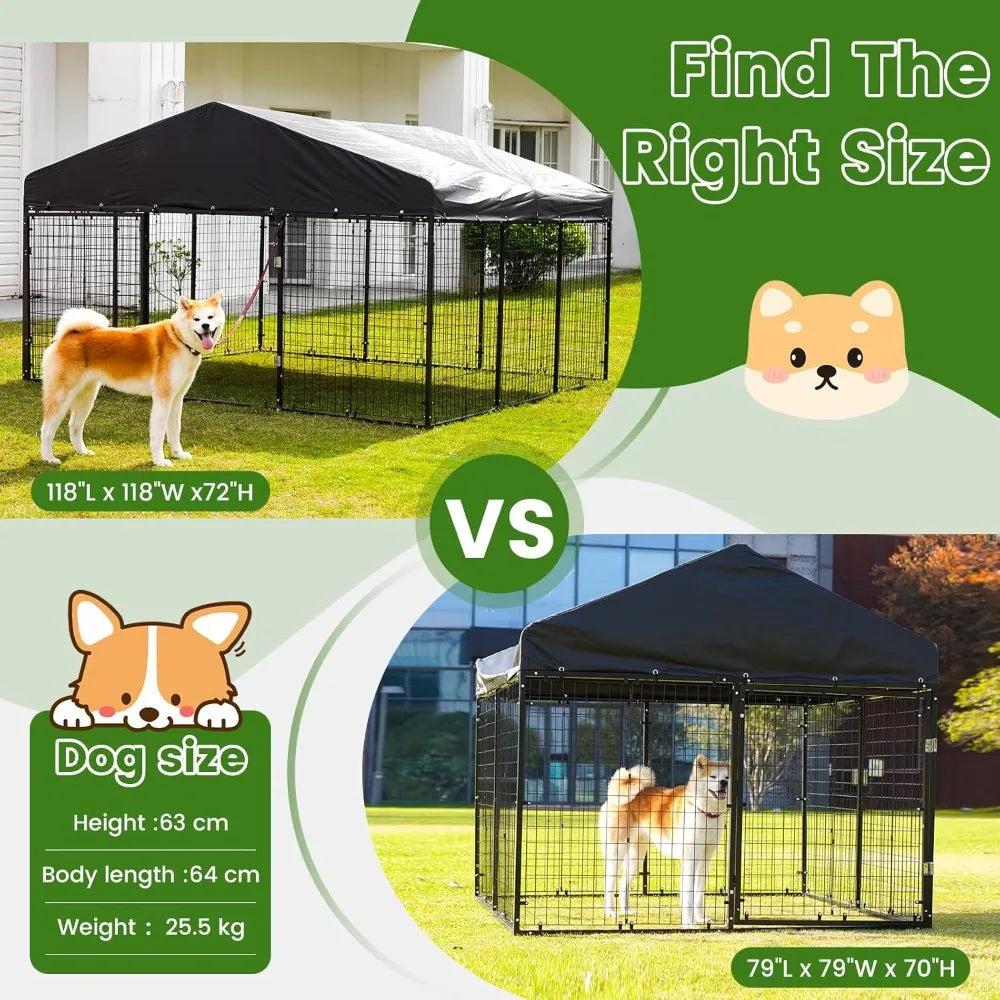 Large Outdoor Dog Enclosure,Heavy Duty Dog Cage with Roof,Galvanized Steel Dog Kennel Fence with Double Safety Locks