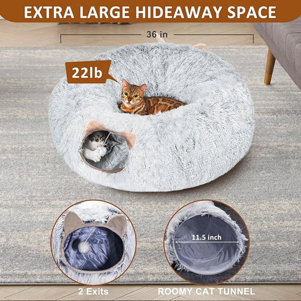 Cat Tunnel Bed – Plush Donut Cave for Indoor Cats, Fits Under Christmas Tree – Grey