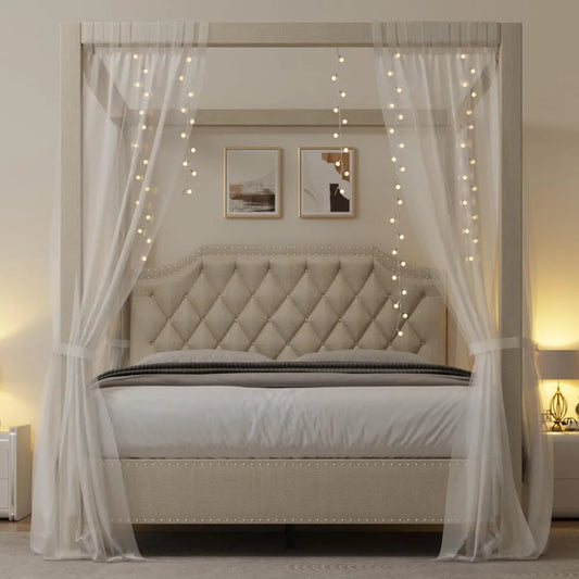Queen Size Upholstered Button Tufted Canopy Bed Frame with Headboard, Nailhead Trim, No Box Spring Needed