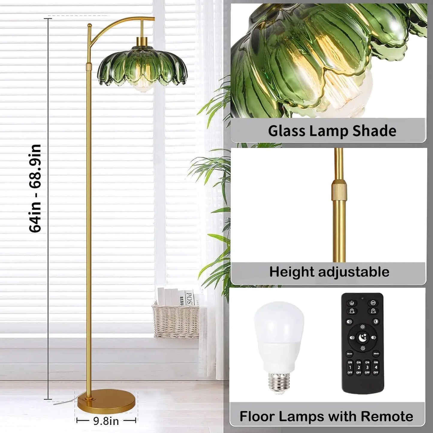 Mid Century Modern Glass Floor Lamp with Remote, Dimmable Gold Arc Light for Living Room, Bedroom, Vintage Retro Green Boho Styl