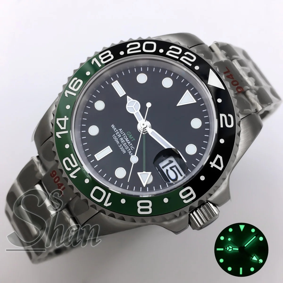 Customized logo luxury 40mm NH34 GMT mechanical watch ceramic bezel sapphire glass green luminous dial water-resistant to 10ATM