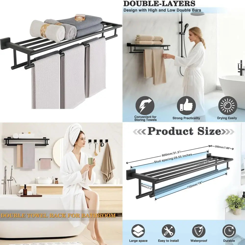 Stainless Steel Double Towel Bar with Shelf, Wall Mount Bathroom Towel Holder, Matte Black for Modern Home Decor