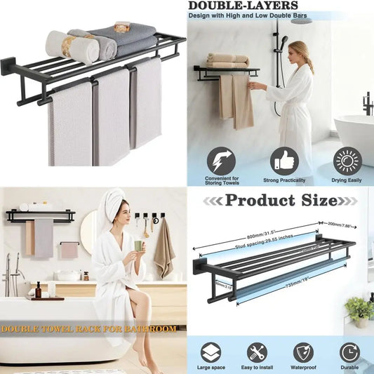 Stainless Steel Double Towel Bar with Shelf, Wall Mount Bathroom Towel Holder, Matte Black for Modern Home Decor