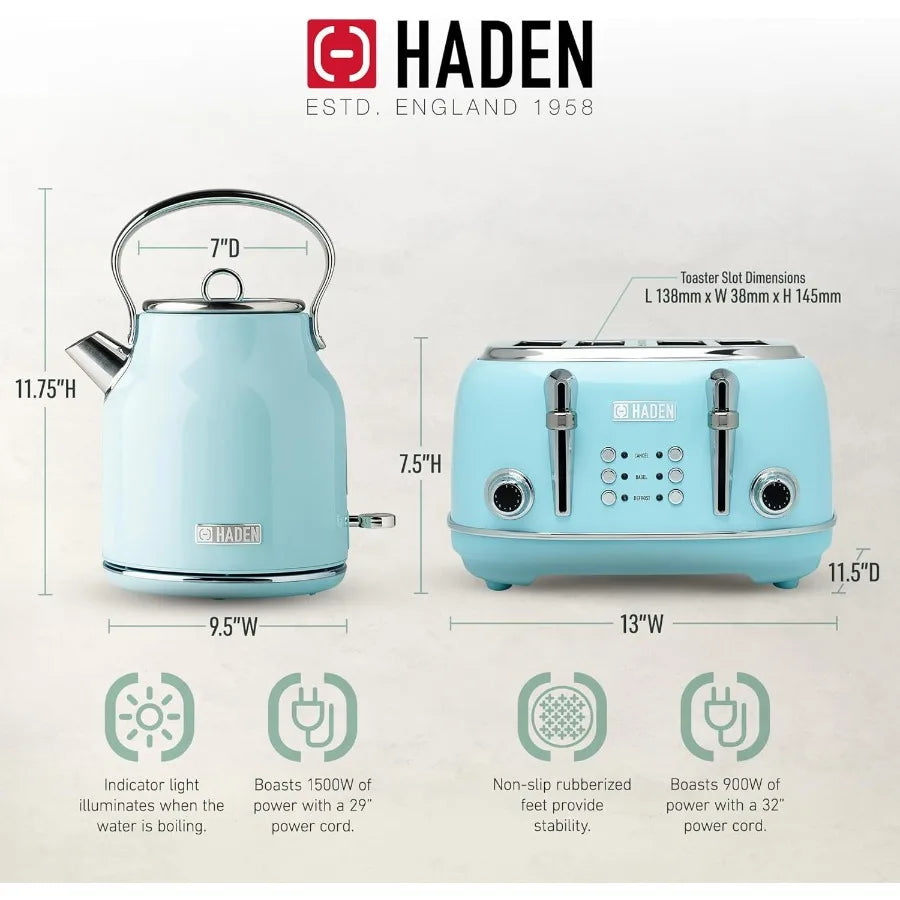4Slice Wide Slot Stainless Steel Toaster with 1.7 Liter Stainless Steel Electric Water Kettle in Turquoise and Chrome Finish Id